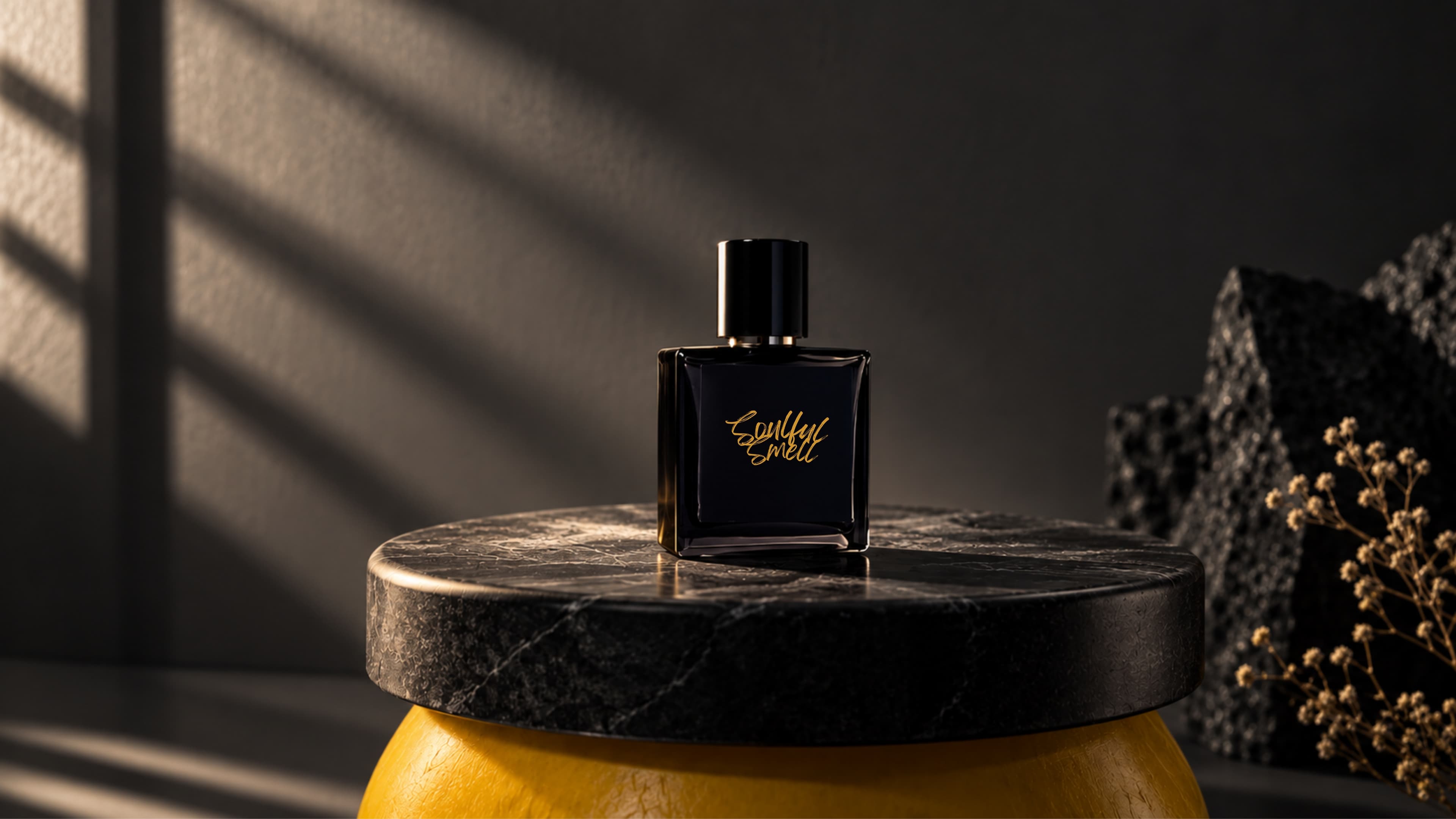 Soulful Smell eau de parfum bottle resting on a black marble stand